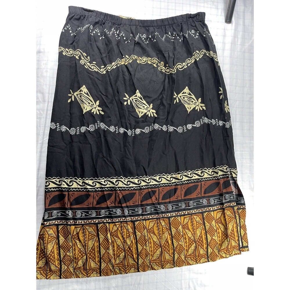 California Rush Maxi Skirt 2X Black Tribal Ethnic Print Rayon Boho Slit
